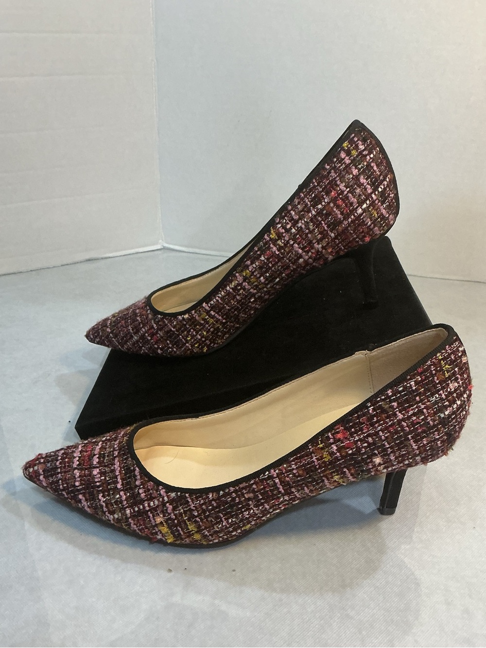 Nine West Tweed Pointed Toe Pumps Pink Multi Kitten Heels 7.5M